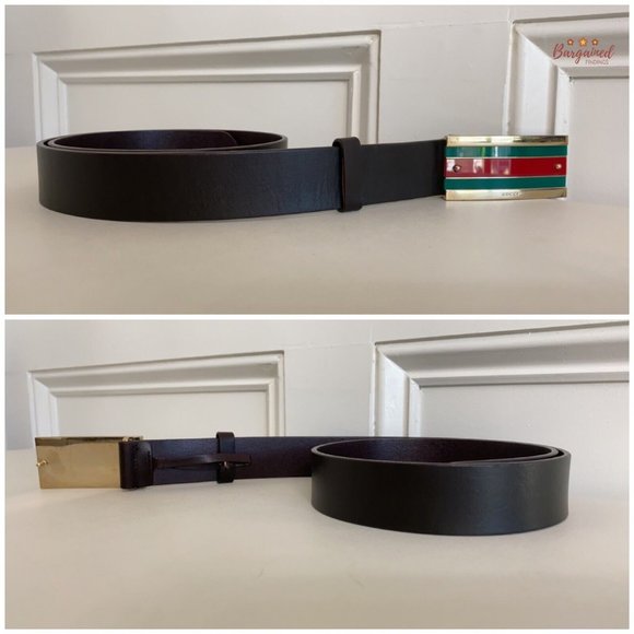 Authentic Gucci Brown Leather Gold-Edged Iconic Red/Green Web Buckle Belt 85/34 - Picture 11 of 13